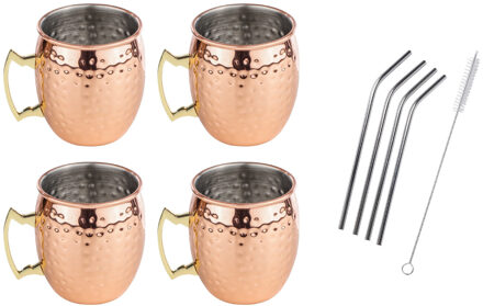 CHI Set van 4x Cocktailbekers Moscow Mule 500 ml met RVS rietjes - Cocktailglazen Bruin