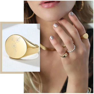 Chic Customized Birth Flowers Signet Rings for Women Glossy Stainless Steel Round Oval Engraved Birthday Xmas Gifts Jewelry