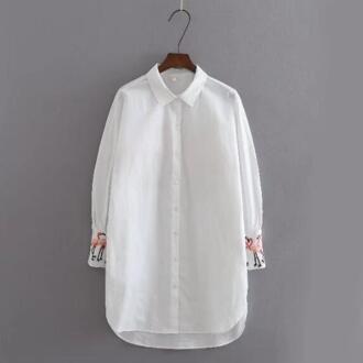 Chic Flamingo Vogel Borduurwerk Shirt Wit Vrouw Revers Lange mouwen Mid lange Blouse Tops