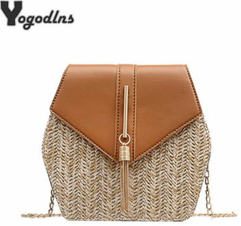 Chic Hexagon Straw Women Bag Ladies Chain Shoulder Bags Handmade Beach Crossbody Bags Female Tassel Handbag Kniting Tote Purse