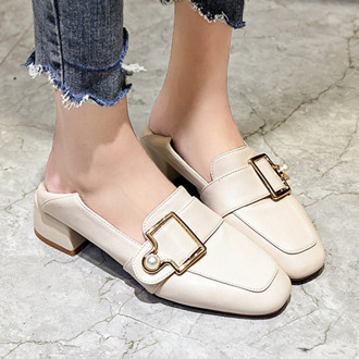 Chic Ladies High Heels Round Toe Women Pumps Metal Buckle Pearl Loafers Ladies Shoes Comfortable PU Slip-on Women Office Shoes