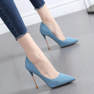 Chic Stiletto Sexy Light Blue High Heels Pointed toe Court office Shoes Classic Fashion Casual Faux leather Metal Heels