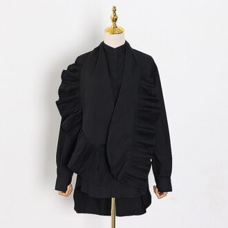 Chicever Asymmetrische Blouses Voor Vrouwen Strik Stand Kraag Lange Mouw Patchwork Ruches Shirts Vrouwelijke Herfst Kleding L / zwart