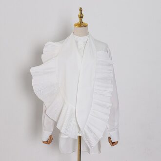 Chicever Asymmetrische Blouses Voor Vrouwen Strik Stand Kraag Lange Mouw Patchwork Ruches Shirts Vrouwelijke Herfst Kleding M / wit