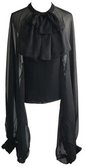 Chicever Chiffon Shirt Voor Vrouwen Stand Kraag Lantaarn Lange Mouw Patchwork Ruches Blouses Vrouwelijke Herfst Kleding zwart / L