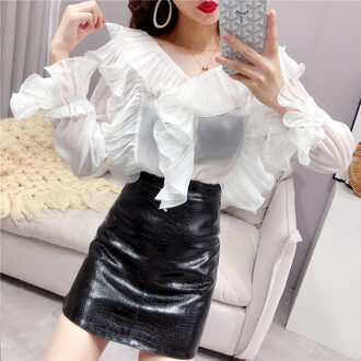 CHICEVER Perspectief Patchwork Ruches Shirt Vrouwen V-hals Flare Mouwen Casual Koreaanse Stijl Blouse Vrouwelijke Herfst Mode wit