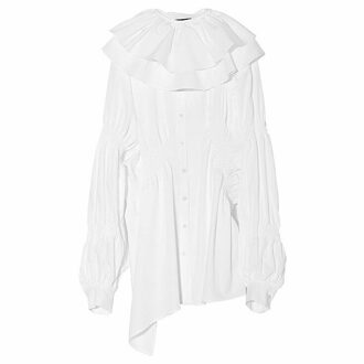 Chicever Ruches Shirts Voor Vrouwen Ruches Kraag Lantaarn Lange Mouw Losse Patchwork Oversized Elegante Blouse Vrouwelijke Kleding wit