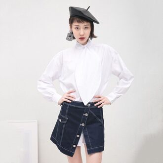 Chicever Wit Shirt Voor Vrouwen Strik Stand Kraag Lantaarn Lange Mouw Strik Losse Oversized Blouse Vrouwelijke Kleding