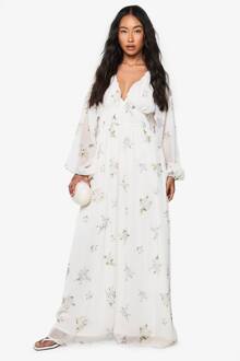 Chiffon Bloemen Maxi Jurk Met Ruched Taille En Volume Mouwen, Ivory - 40
