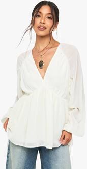 Chiffon Blouse Met Pofmouwen, Cream - 38