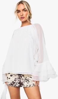 Chiffon Blouse Met Ruches En Knoopsluiting Aan De Achterkant, Cream - 36