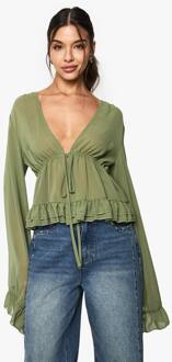 Chiffon Blouse Met Ruffles En Strik Aan De Voorkant, Khaki - 38