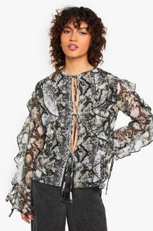 Chiffon Blouse Met Slangprint En Strikdetail Aan De Voorkant, Snake - 40