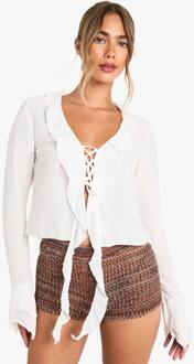 Chiffon Blouse Met Strik Voor En Ruches, Ecru - 44