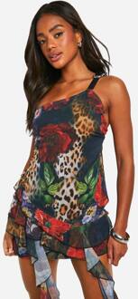 Chiffon Dieren- En Bloemenprint Mini-Jurk Met Ceintuuraccent, Black - 40