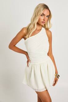 Chiffon Een-Schouder Geruched Mini Jurk, Ecru - 46