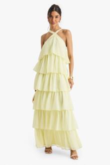 Chiffon Gelaagde Halterneck Maxi Jurk, Lemon - 40