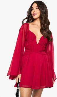 Chiffon Geplooide Mini-Jurk Met Lange Mouwen, Red - 46