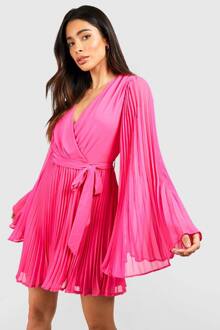 Chiffon Geplooide Wrap Skater Jurk, Hot Pink - 40