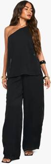 Chiffon Getextureerde Gedrapeerde Jumpsuit Met Wijde Pijpen, Black - 38