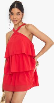 Chiffon Halterneck Gelaagde Mini Jurk, Red - 42