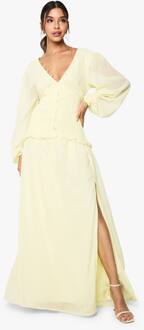 Chiffon Langarm Geplooide Taille Maxi-Jurk, Lemon - 36