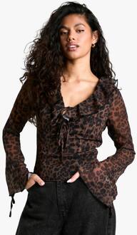 Chiffon Leopard-Print Blouse Met Ruches En Een Strikdetail Aan De Voorkant, Brown - 44