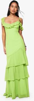 Chiffon Maxi-Jurk Met Bandjes En Ruches, Lime - 46