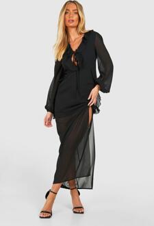 Chiffon Maxi Jurk Met Laag Decolleté En Ruches, Black - 38