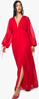 Chiffon Maxi-Jurk Met V-Hals En Geplooide Details, Red - 38