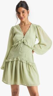 Chiffon Mini Jurk Met Lange Mouwen En Geplooide Taille, Sage - 42