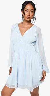 Chiffon Mini-Jurk Met Volumineuze Mouwen En Geplooide Taille, Powder Blue - 40