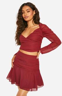 Chiffon Mini Rok Met Geruched Zij-Drop Zoom, Red - 40