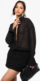 Chiffon Overhemdjurk Met Verlaagde Taille En Geraffelde Details, Black - 42