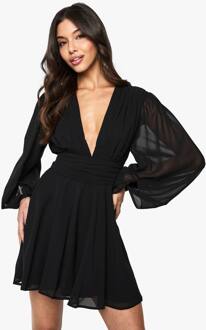 Chiffon Romper Met Diepe Halslijn En Geraffelde Taille, Black - 40
