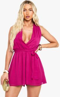 Chiffon Romper Met Diepe V-Hals En Ceintuur, Magenta - 36