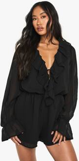 Chiffon Romper Met Lange Mouwen En Ruffles, Black - 44