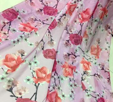 Chiffon Rose stof polyester stof Dunne stof mode shirt stof Bloemen gedrukt chiffon lila