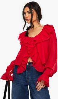 Chiffon Ruffle Blouse, Red - 40