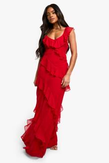 Chiffon Ruffle Maxi-Jurk Met Bandjes, Red - 42