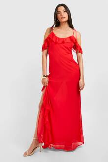 Chiffon Ruffle Split Maxi Jurk, Red - 36