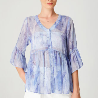 Chiffon -shirt met tulpenmouwen en abstracte print Hemelsblauw - S
