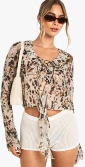 Chiffon Tie Front Ruffle Blouse, Brown - 40