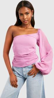 Chiffon Top Met Ballonmouwen En Één Schouder, Mauve - 40