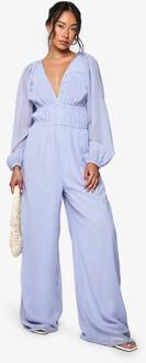Chiffon V-Hals Geraffelde Jumpsuit Met Wijde Pijpen, Blue - 42