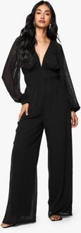 Chiffon V-Hals Gerogen Wijde Pijpen Jumpsuit, Black - 40