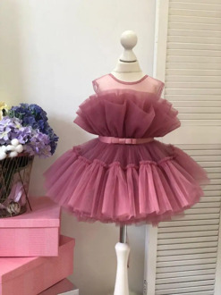 Children Girls Tulle Dresses Pink Girls Birthday Tulle Dress Girls Celebration Birthday Dresses Custom Handmade