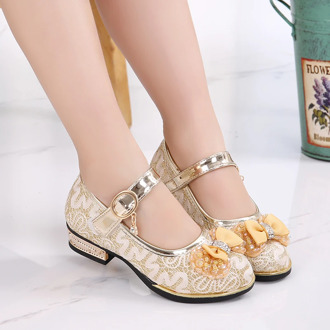 Children Leather Shoes Fashion Lace Bead Bowtie Low Heel Shoes Spring Kids Girls Princess Performance Shoes Size 26-36 STQ005