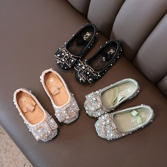 Children's Fashion Shoes For Girls Medium Big Kids Dress Shoes With Rhinestone Crystal Flats Pearls Princess Wedding Party Shoes
