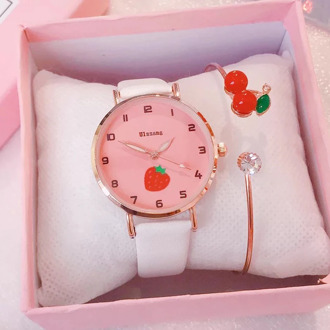 Children Watch Set Cute Strawberry Watches With Cherry Bracelet Casual Quartz Clock Girl Birthday Gift Students School Present